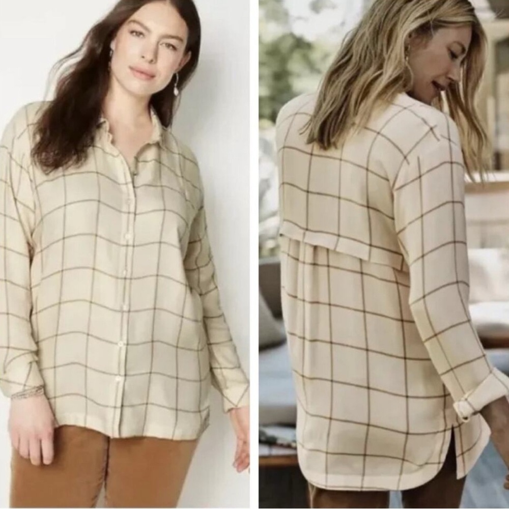 J Jill women’s beige windowpane woven twill button down shirt blouse top Large